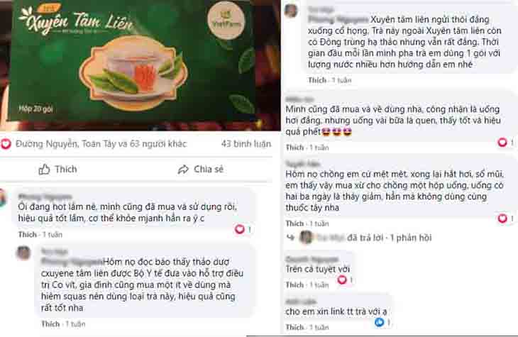 Khách hàng review sau khi sử dụng trà xuyên tâm liên Vietfarm trên facebook