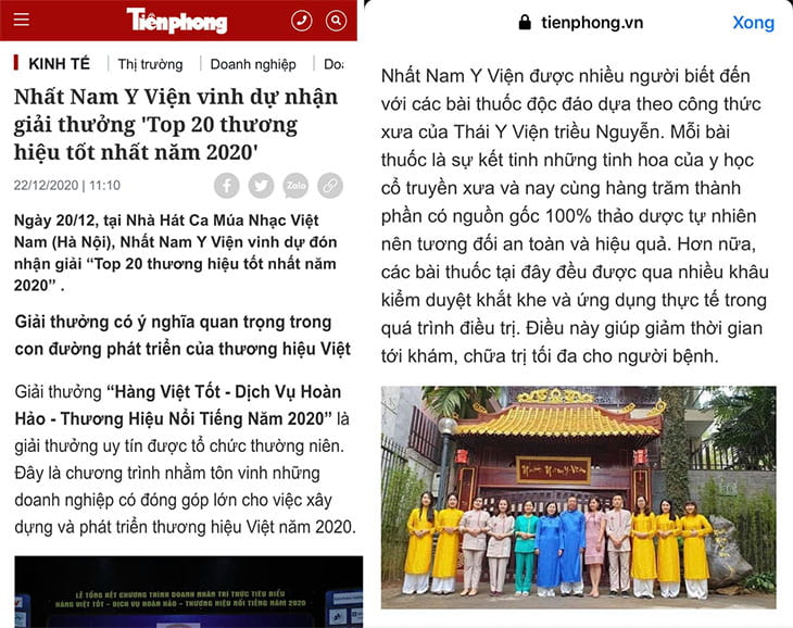 Báo Tiền Phong đưa tin về Nhất Nam Y Viện