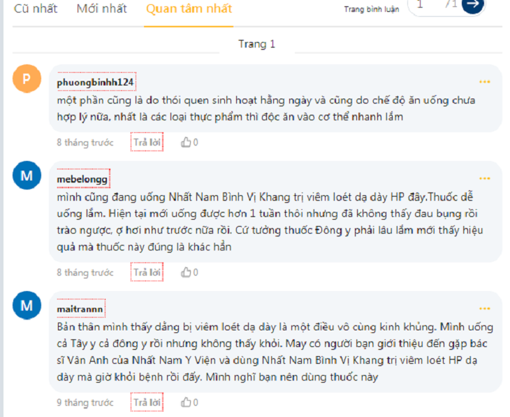 Trên trang Webtretho cũng có nhiều đánh giá rất tích cực về bài thuốc Nhất Nam Bình Vị Khang trị viêm loét dạ dày HP