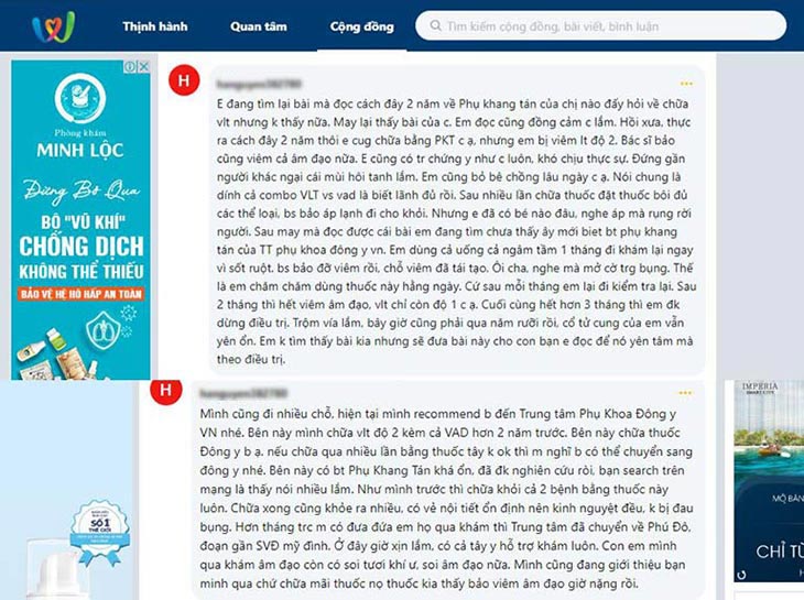Phản hồi của bệnh nhân viêm lộ tuyến về Phụ Khang tán trên webtretho