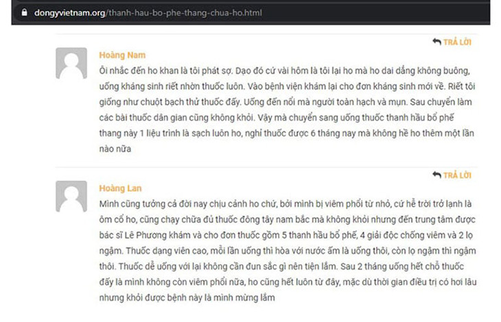 Phản hồi của bệnh nhân điều trị ho bằng bài thuốc Thanh hầu bổ phế thang