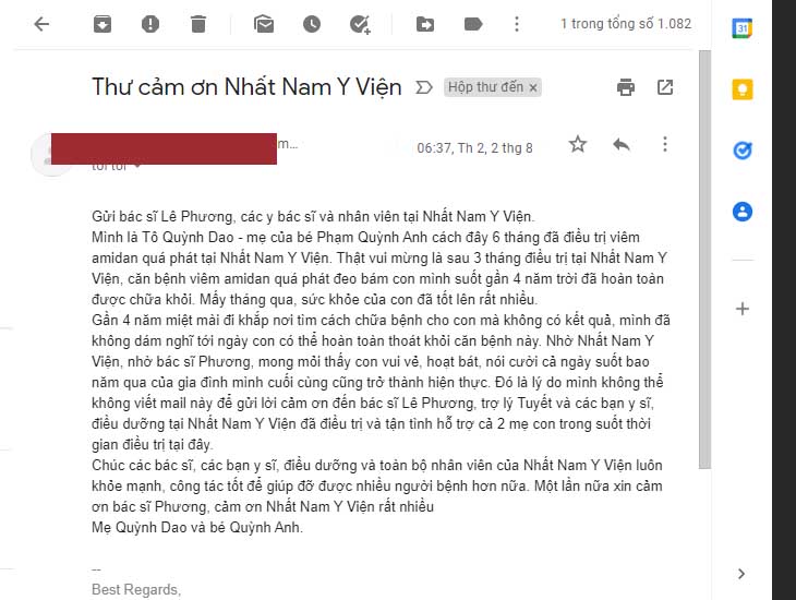Lá thư chị Quỳnh Dao gửi về hòm thư điện tử của Nhất Nam Y Viện