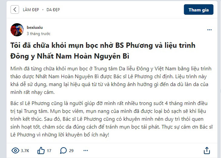 Tài khoản bexiuxiu chia sẻ về hành trình trị mụn bọc với Bác sĩ Lê Phương tại Trung tâm Da liễu Đông y Việt Nam