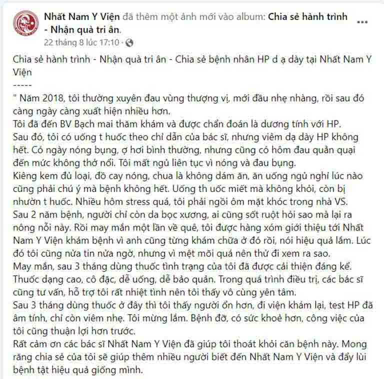 Phản hồi của người bệnh về hiệu quả điều trị bệnh dạ dày tại Nhất Nam Y Viện