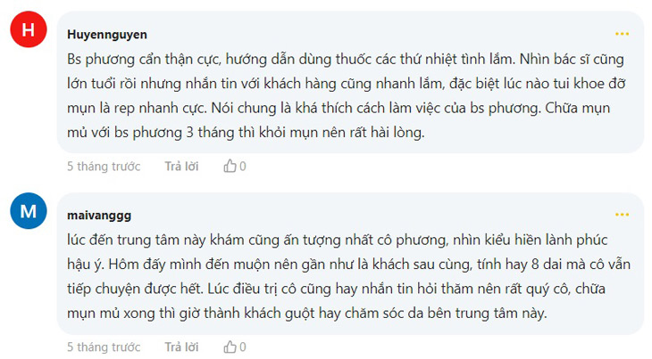 Phản hồi của khách hàng về việc điều trị mụn mủ với Bác sĩ Lê Phương