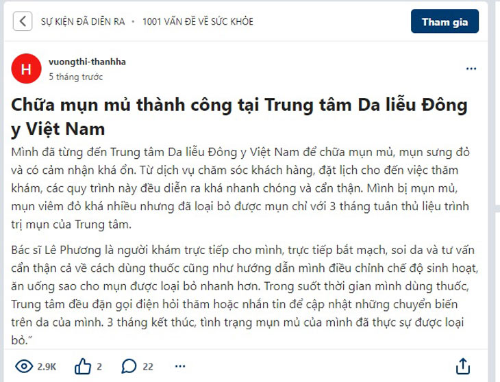 Chia sẻ của tài khoản vuongthi-thanhha về hành trình trị mụn mủ tại Nhất Nam Hoàn Nguyên Bì