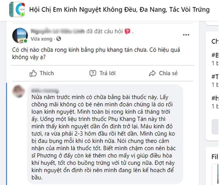 Người bệnh phản hồi về hiệu quả điều hòa kinh nguyệt của bài thuốc Phụ Khang Tán