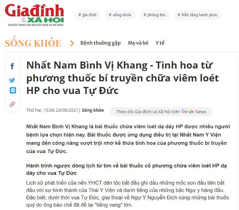 Bài thuốc Nhất Nam Bình Vị Khang được báo Gia đình & Xã hội đưa tin