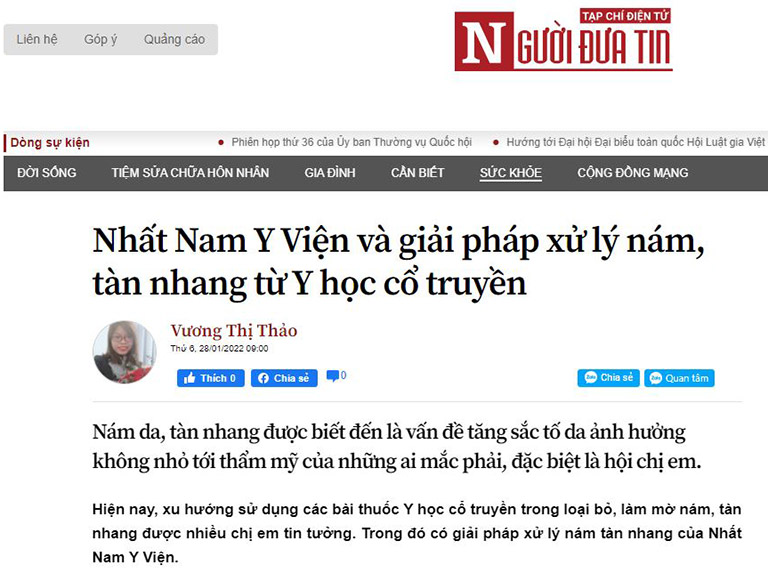 Giải pháp xử lý nám tàn nhang của Nhất Nam Y Viện trên báo Người Đưa Tin