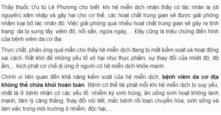 Bệnh viêm da cơ địa không khỏi hoàn toàn nhưng có thể kiểm soát tốt trong nhiều năm