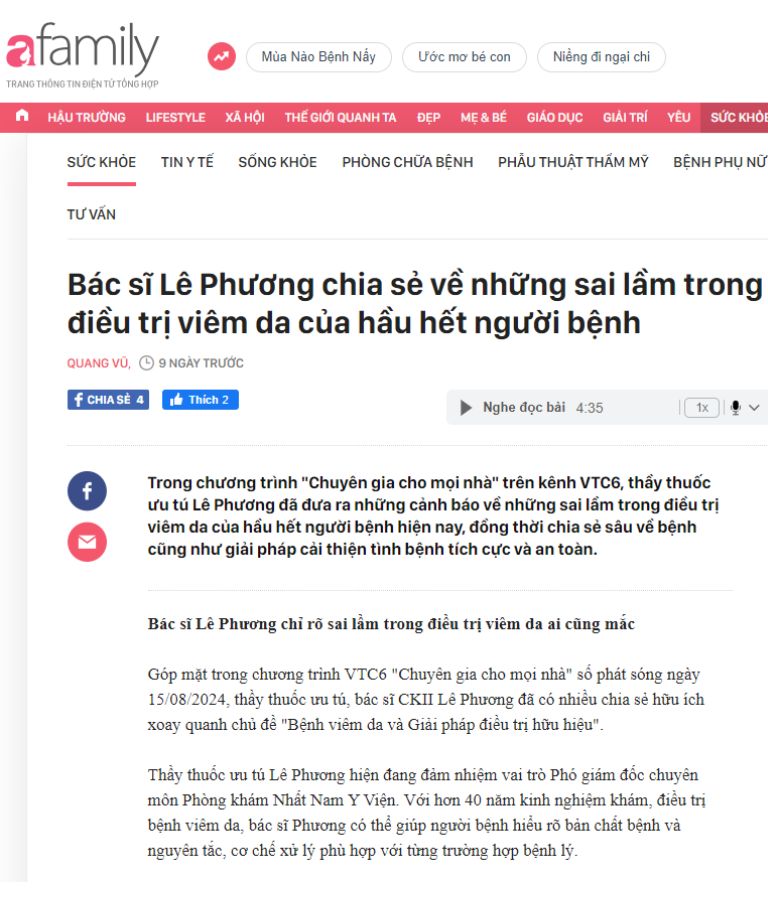 Bác sĩ Lê Phương chia sẻ về bệnh viêm da trên báo Afamily