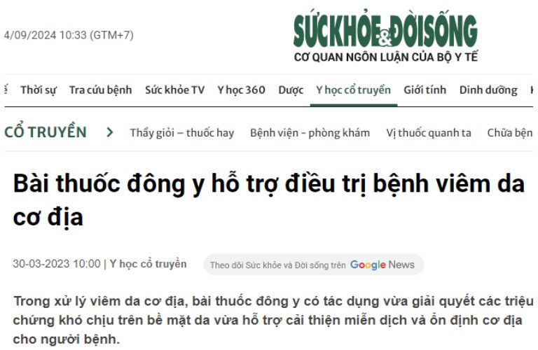 Báo Sức khỏe và Đời sống chia sẻ bài thuốc Nhất Nam An Bì Thang trị viêm da