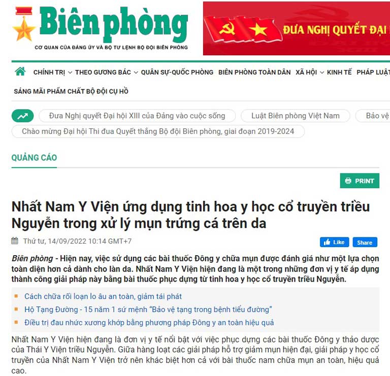 Báo Biên Phòng đưa tin về phương pháp điều trị mụn trứng cá từ tinh hoa YHCT triều Nguyễn tại Nhất Nam Y Viện