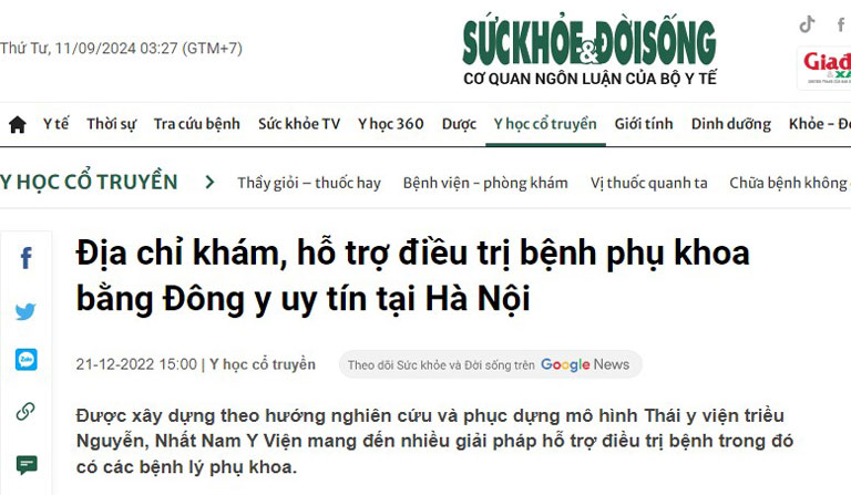 Báo Sức khỏe & Đời sống đưa tin Nhất Nam Y Viện là địa chỉ chữa bệnh phụ khoa uy tín