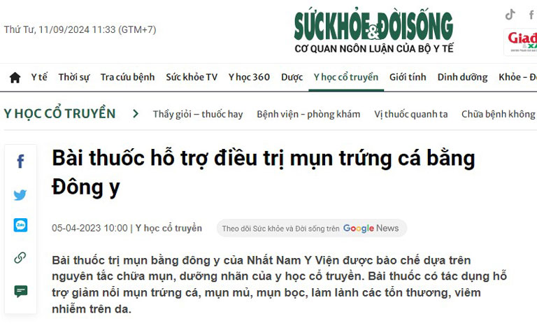 Báo Sức khỏe & Đời sống đưa tin về bài thuốc thảo dược trị mụn trứng cá Nhất Nam Hoàn Nguyên Bì