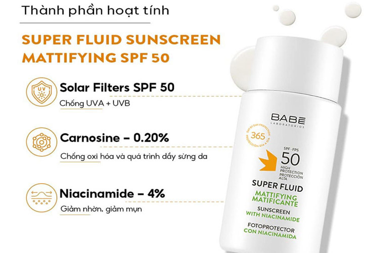 Babe Super Fluid Mattifying Sunscreen SPF 50 giúp chống nắng, kiềm dầu tốt